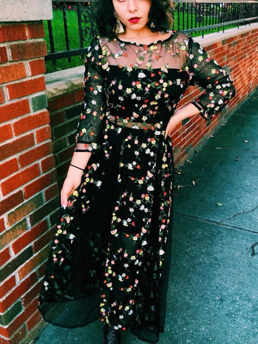 Black Floral Mesh Maxi Dress - Sheer Embroidered Evening Dress